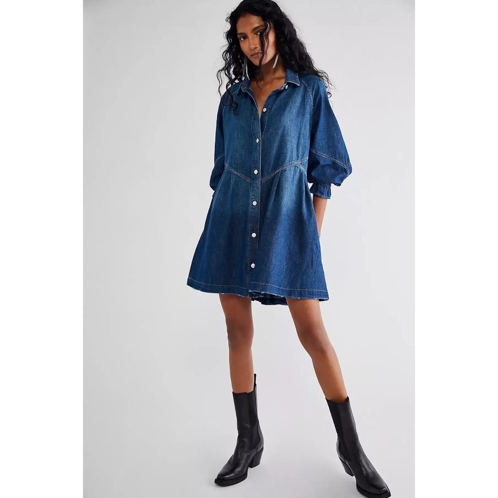 Free People We The Free Hannah Denim Mini Dress Blue Button Down Medium